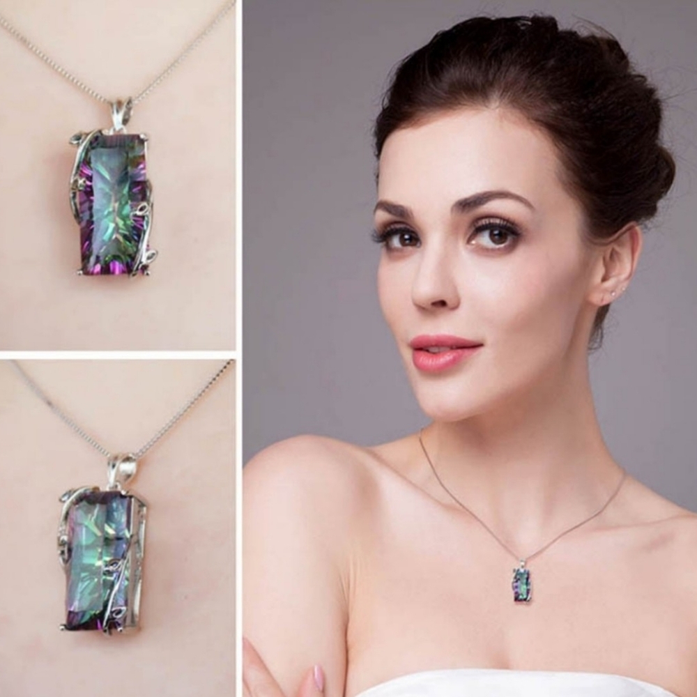Silver 925 Jewelry Necklace with Rectangle Topaz Gemstones Pendants for …